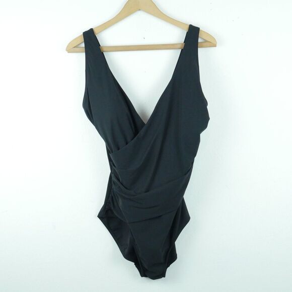 LL Bean Size 16 Swimsuit One Piece Black Cross Front Bathing Suit Ruched - Picture 1 of 7